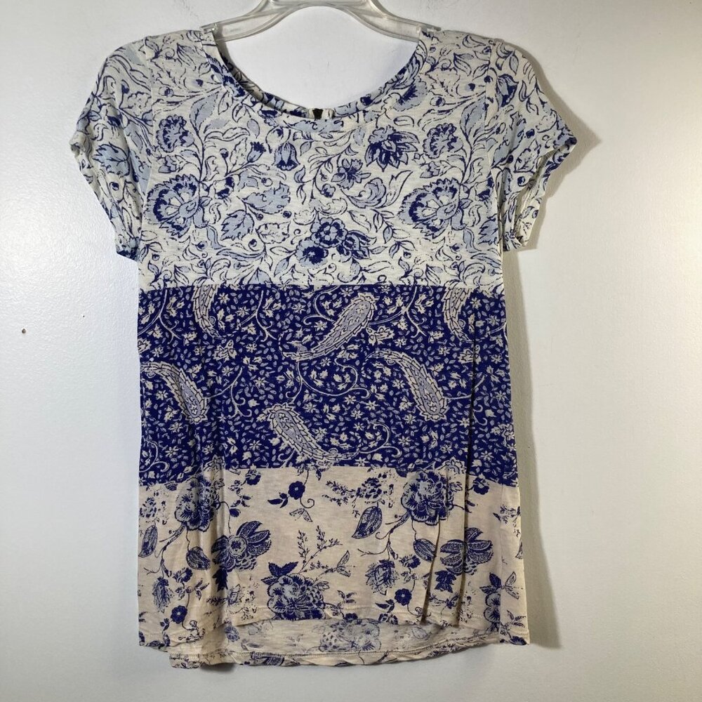Womens Lucky Brand Cap Sleeve‎ Floral Top Blue White S Cotton Modal Back Zip